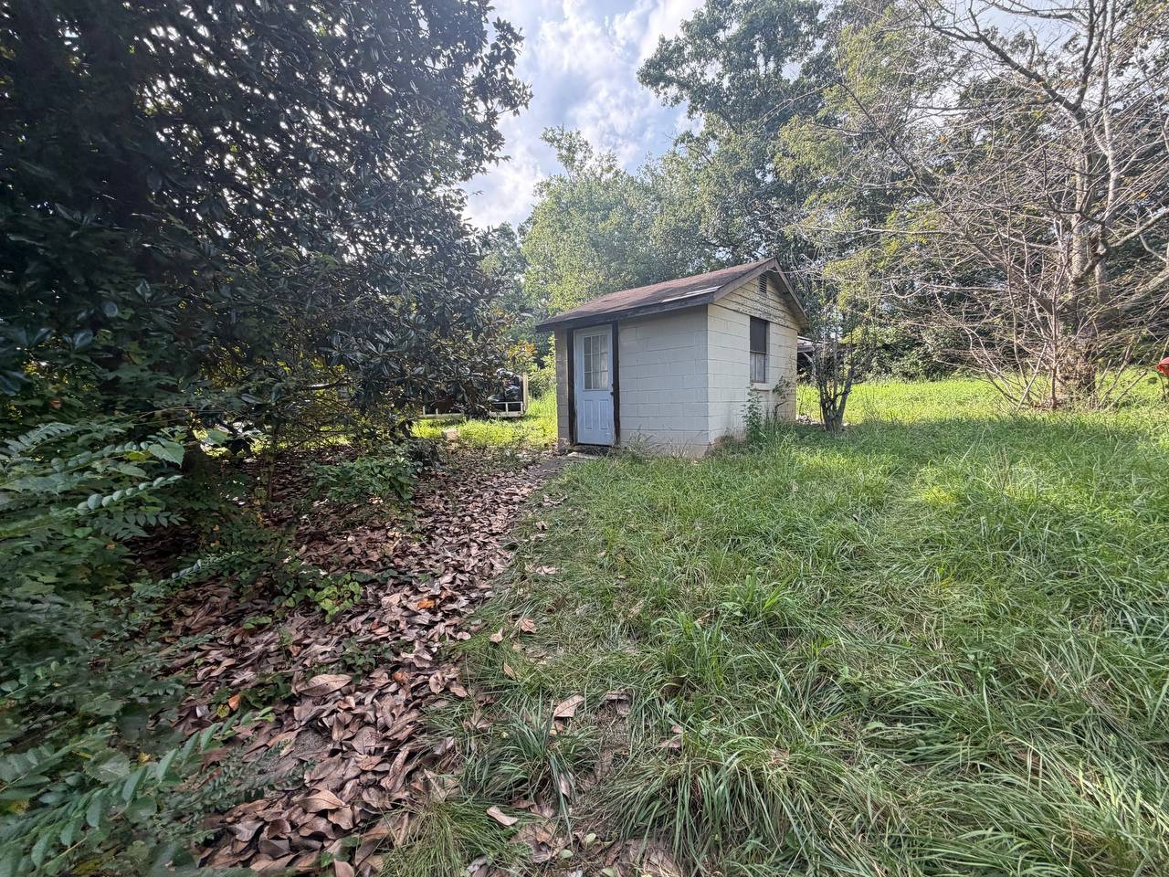 Block shed in the overgrown back yard of the Morganton property