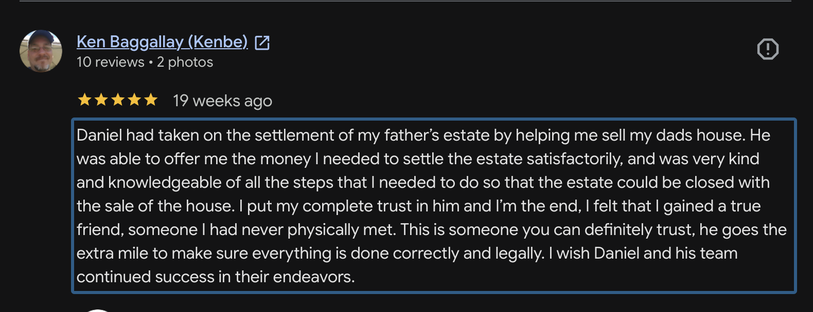5-star Google review from Ken B., estate sale