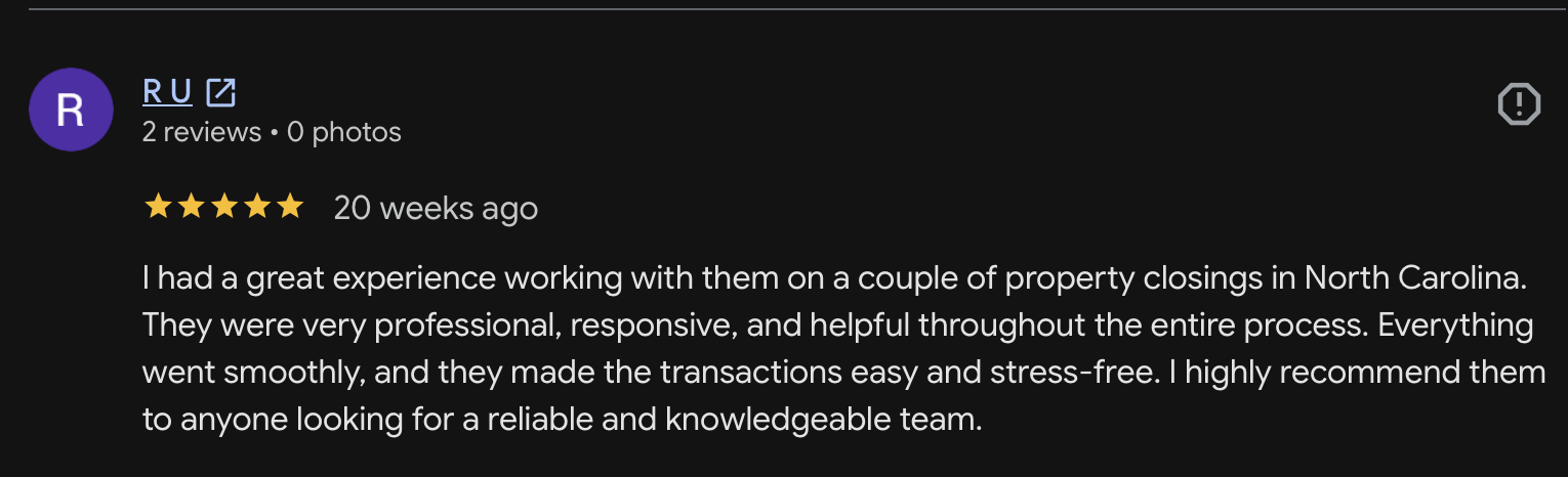 5-star Google review from R. U., North Carolina closings
